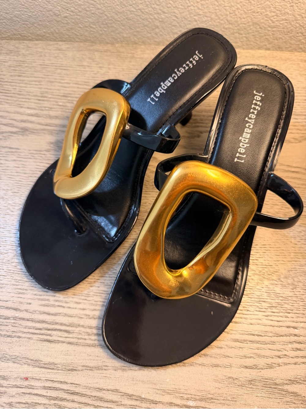 Jeffrey Campbell Black Sandals with Gold Accent Oval Hardware